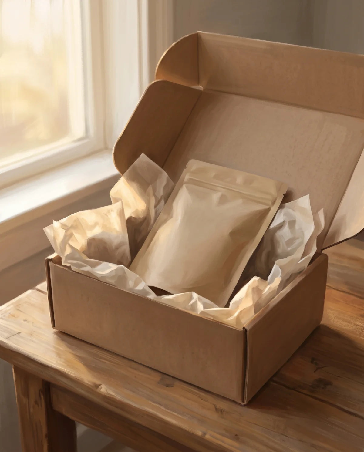 Geöffnetes neutrales Paket mit unbeschrifteter Verpackung